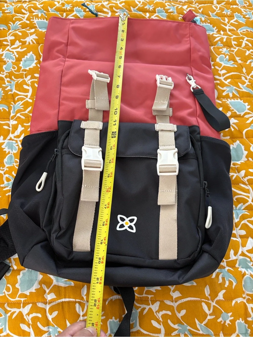 Black and Coral Roll-Top Canvas Backpack with Beige Straps